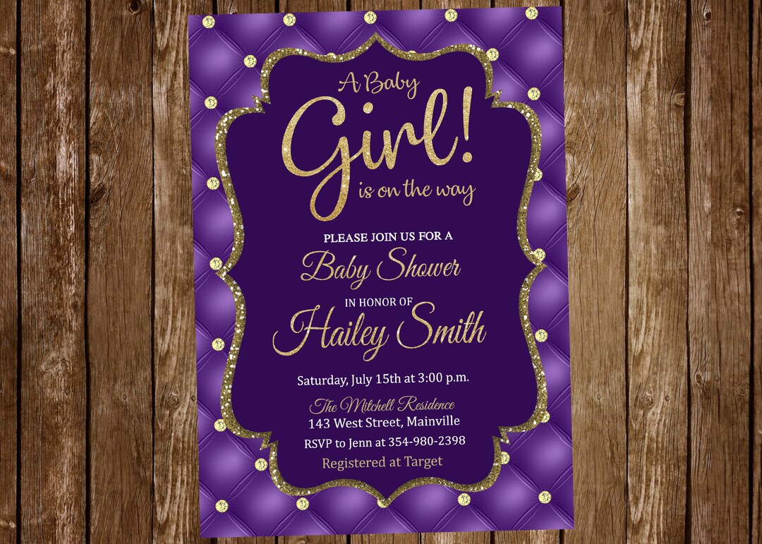 Baby Shower Invitation, Purple, Gold, Glitter, Girl, Royal, Princess ...