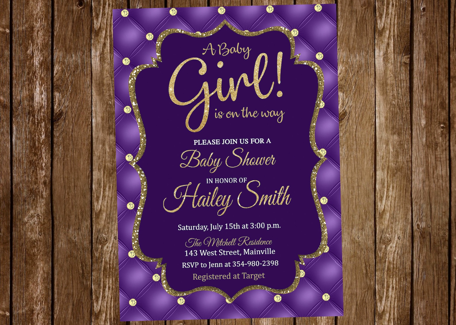 Baby Shower Invitation Purple Gold Glitter Girl Royal Etsy