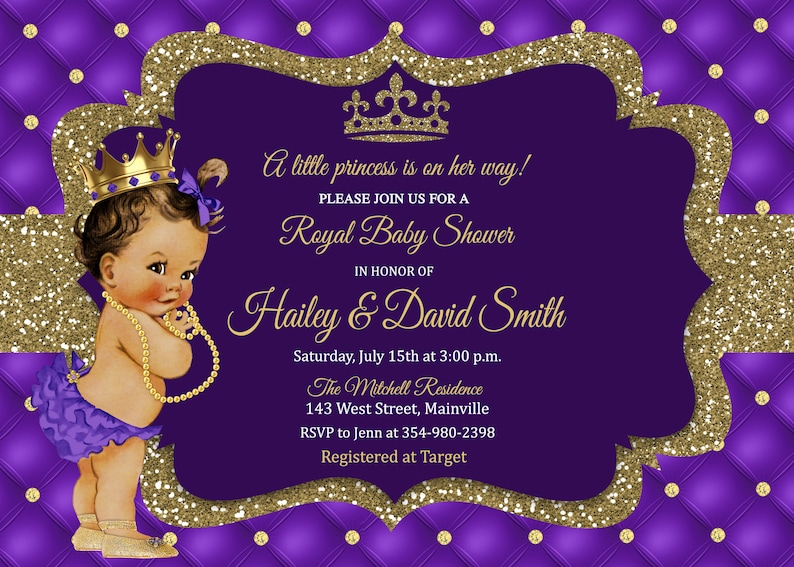 Princess Baby Shower Invitation, Purple, Lavender, Gold, Glitter, Sparkle,, Digital or Printed