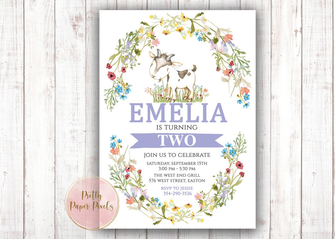 Goat Birthday Party Invitation, Goat, Girl, Floral, Flower, Farm ...