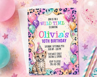 Cheetah Birthday Invitation, Leopard Birthday Party Invite, Wild, Teen, Tween, Colorful Girls Birthday Invite, Printed or Digital