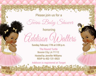 Twins Baby Shower Invitation, Twin Girls, Twins, Girl, Gold, Pink, Invitation, Baby Shower - Printable or Printed