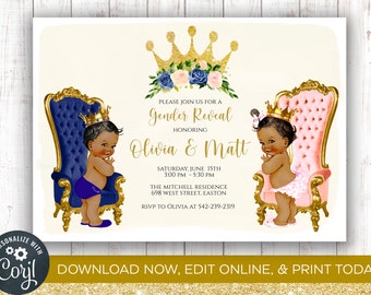 INSTANT DOWNLOAD, Gender Reveal Invitation, Prince or Princess, Boy,  Girl, Throne, Queen, King, Floral, Crown, Gold, Digital, Download