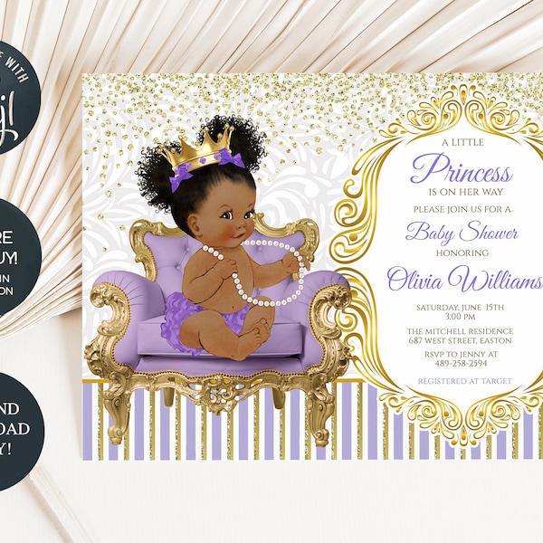 Princess  Purple Gold Baby Shower Invitation, Princess, Chair, Royal, Queen, Baby Shower, Girl, Purple, Gold, Digital, Instant, Download