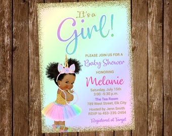 Unicorn Baby Shower Invitation, Unicorn Baby, Pastel, Rainbow, Gold, Unicorn Party, Unicorn Shower, ANY SKIN TONE - Digital or Printed
