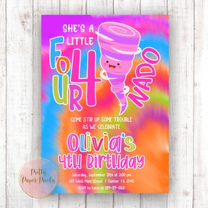 Fournado Birthday Invitation, Fourth Birthday invitation, Tornado, Girl, Weather, 4, Four, Four-nado, Invite, Digital or Printed