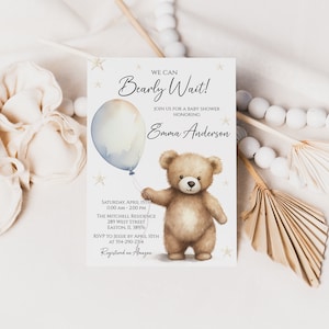 Possiamo Bearly Wait Boy Baby Shower Invito, Invito per Baby Shower con orsetto a palloncino, Invito per Baby Shower con orso, Orsetto ragazzo, Digitale o stampato