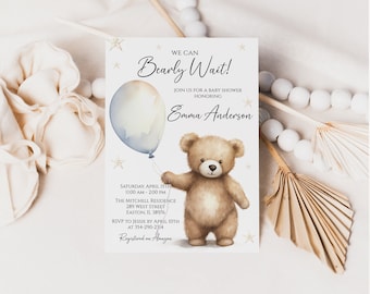 We Can Bearly Wait Boy Baby Shower Invitation, Balloon Bear Baby Shower Invite, Bear Baby Shower Invite, Boy Bear, Digital or Printed