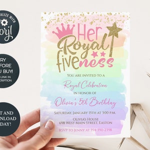 Uitnodiging voor verjaardagsfeestje Royal Fiveness, Five, Five-ess, Princess, Royal, Rainbow, Gold, 5e verjaardag, Five, 5, Digital, Instant Download