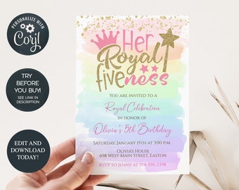 Royal Fiveness Birthday Party Invitation, Five, Five-ess, Princess, Royal, Rainbow, Gold, 5th Birthday, Five, 5, Digital, Instant Download