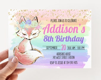 May include: A pink and gold fox with a flower crown on a rainbow watercolor background. The text reads "Please join us to celebrate Addison's 8th Birthday, September 20, 11:00 AM - 1:00 PM, Addison's House, 342 West Street, Easton, RSVP to Jessie at 354-390-3425".