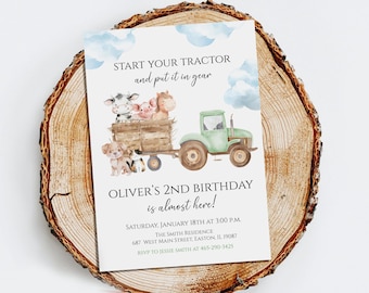 Invitación para fiesta de cumpleaños de tractor, cumpleaños de granja, animal de granja, fiesta de tractor para niño, invitación de campo, digital o impresa