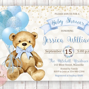 Orsacchiotto Baby Shower Invito, Ragazzo, Neonato, Baby Shower, Oro, Blu, Crema, Orso, Teddy, Bear Boy, Doccia, Digitale o Stampato