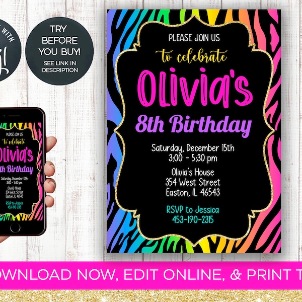 Zebra Rainbow Birthday Party Invitation, Neon, Animal Print, Rainbow, Gold, Teen, Tween, Birthday, INSTANT DOWNLOAD