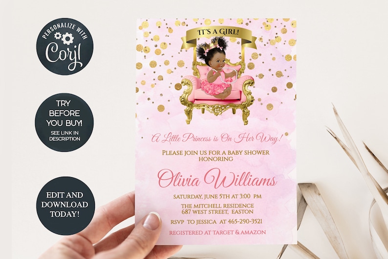 INSTANT DOWNLOAD Princess Baby Shower Invitation Royal Celebration Queen Girl Baby Shower Pink and Gold Digital Editable