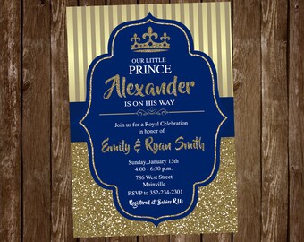 Prince, Gold, Blue, Glitter, Royal, Baby Shower, Birthday Party Invitation,, Digital or Printed