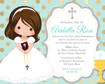 First Communion Invitation, Girl, Mint, Gold, Any Hair Color, Digital or Printed