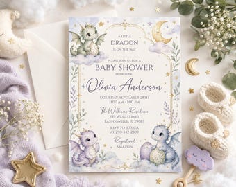Dragon Baby Shower Invitation, Storybook Fantasy Baby Shower Invite, Enchanted Fairytale Dragon Baby Shower, Printed or Digital