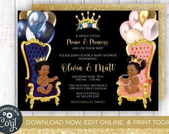 INSTANT DOWNLOAD, Prince Princess Baby Shower Invitation, Twins, Boy, Girl, Black, Gold, Prince, Princess, Queen, King, Crown, Gold, Digital