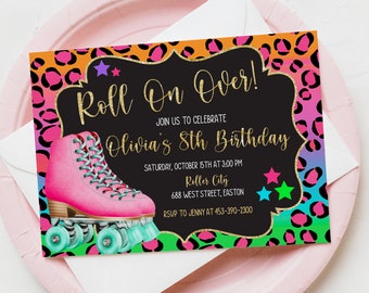 Roller Skate Birthday Party Invitation, Skating, Roller Skating, Rainbow, Leopard, Cheetah, Gold,  Party, Birthday, Digital or Printed