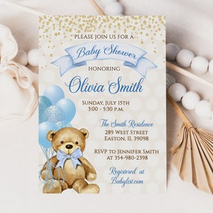 Invitation de douche de bébé ours en peluche, garçon, bébé garçon, douche de bébé, or, bleu, crème, ours, nounours, ours garçon, douche, numérique ou imprimé