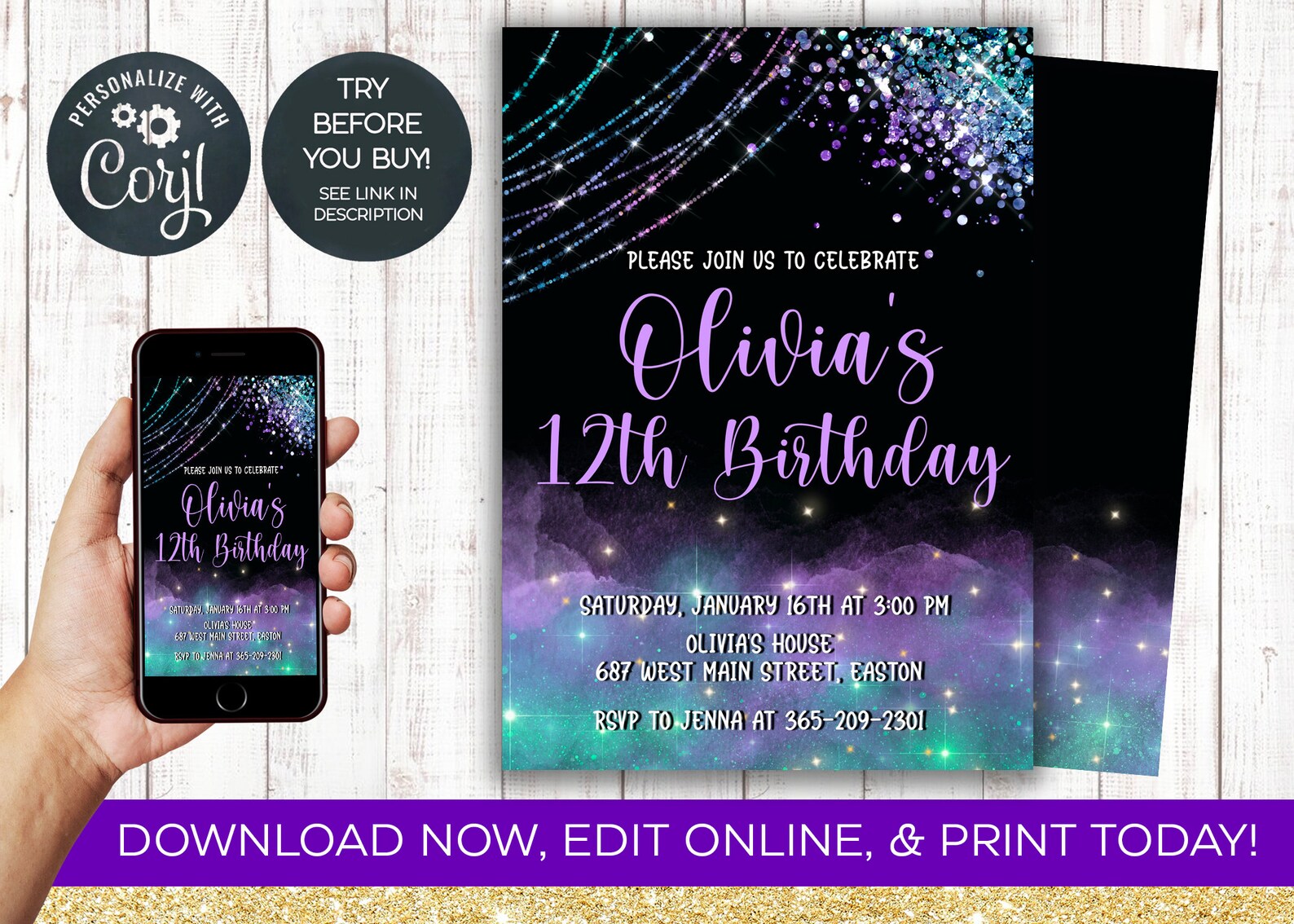 Galaxy Birthday Invitation Outer Space Space Purple Black | Etsy