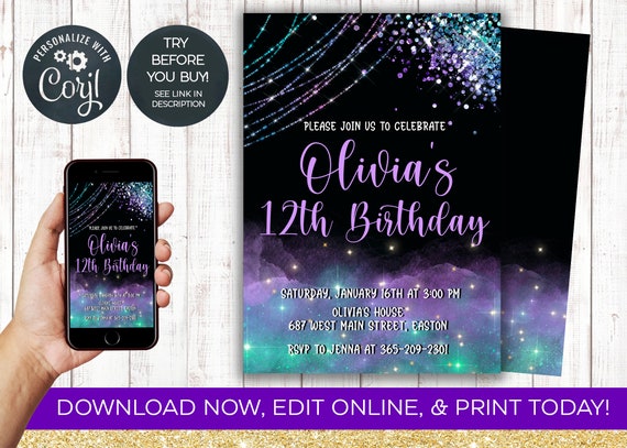 Galaxy Birthday Invitation Outer Space Space Purple Black | Etsy