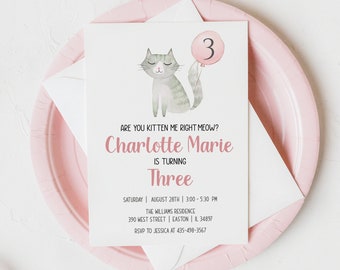 Cat Birthday Party Invitation, Kitty, Kitten, Cat, Birthday, Girl, Pink, ANY AGE, Digital or Printed