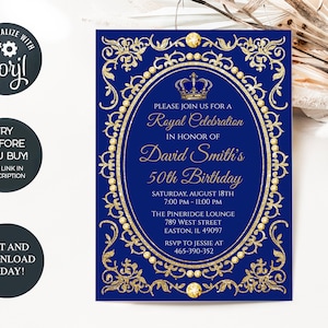 Royal Birthday Party Invitation, King, Queen, Blue Gold, Birthday, Invitation, Prince, Princess, Digital, Instant, Download