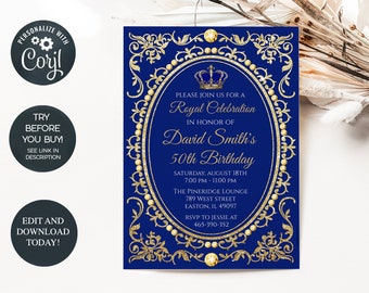Royal Birthday Party Invitation, King, Queen, Blue Gold, Birthday, Invitation, Prince, Princess, Digital, Instant, Download