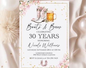 Invitación a fiesta de cumpleaños del oeste con botas de vaquera y cerveza, para niñas, 21, 30, 40, 50 y 60 años, plantilla digital, descarga instantánea