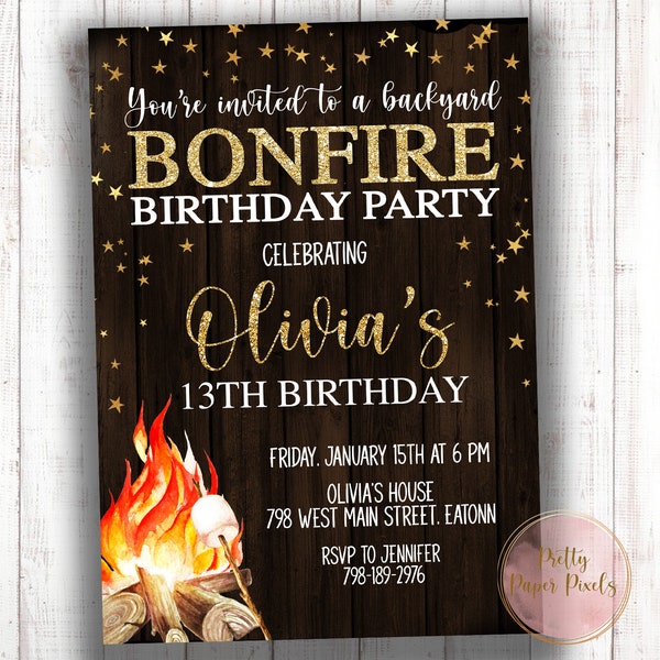 Campfire Birthday Party Invite, Rustic Backyard Bonfire Invitation, Outdoor, Bonfire Party, S'mores, Gold, Outside , Digital or Printed