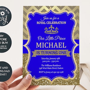 Prince Birthday Party Invitation, Little Prince, Royal, King, Blue, Gold, Crown, One, First Birthday, 1st, Boy, Editable, INSTANT DOWNLOAD