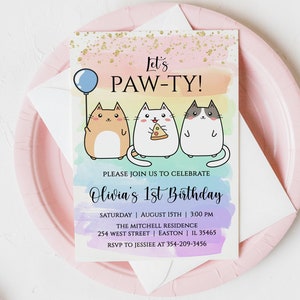 Cat Rainbow Birthday Party Invitation, Cat, Kitty, Fat Cat, Girl, Pink, Birthday, Child, Kids, Invitation, Paw-ty, Digital or Printed