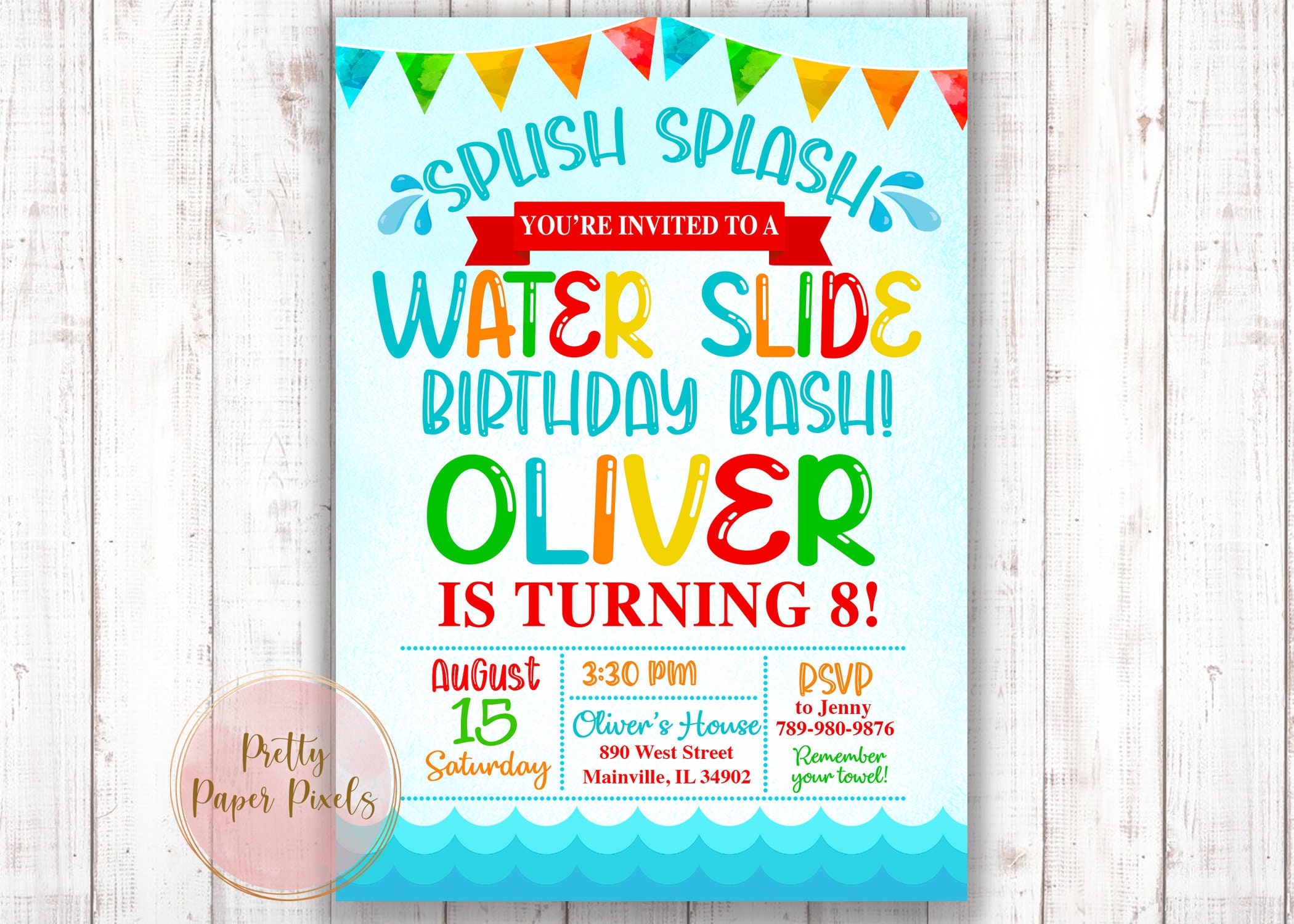 Water Slide Birthday Party Invitation Waterslide Pool Party Etsy