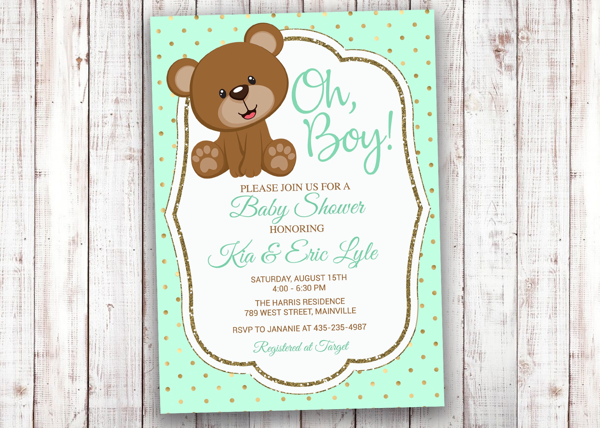 Bear Baby Shower Invitation Bear Boy Teddy Bear Mint Etsy