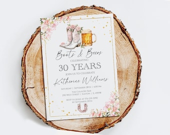 Invitación para fiesta de cumpleaños del oeste con botas de vaquera y cerveza, cumpleaños de niña campestre, 21.°, 30.°, 40.°, 50.°, 60.°, 70.°, digital o impresa