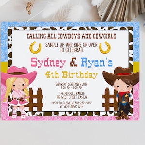 Cowboy e Cowgirl Invito per feste di compleanno congiunte, Western, Country, Joint, Sibling, Kids, Brother, Sister, Digital o Printed