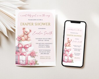 Descarga instantánea - Invitación para baby shower de pañales para niña - Bebé niña - Osito de peluche - Invitación para baby shower de pañales - Editable - Plantilla DIY