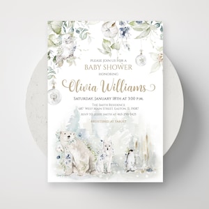 Invito per baby shower con animali artici, neonato, orso polare, inverno, pinguino, volpe, neve, bambina, bambino, genere neutro, digitale o stampato