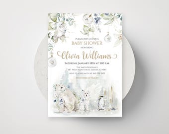 Invitación para baby shower con animales del Ártico: bebé, oso polar, invierno, pingüino, zorro, nieve, niña, niño, género neutro, digital o impresa