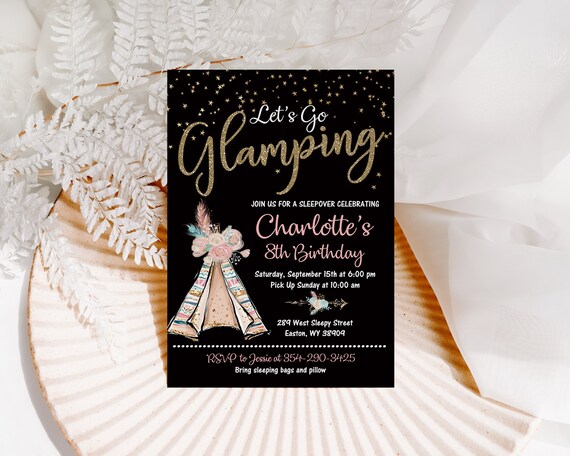Glamping Sleepover Slumber Party Birthday Invitation, Girl, Teepee, Boho, Glamping, Gold, Teen, Tween, Invite, Digital or Printed