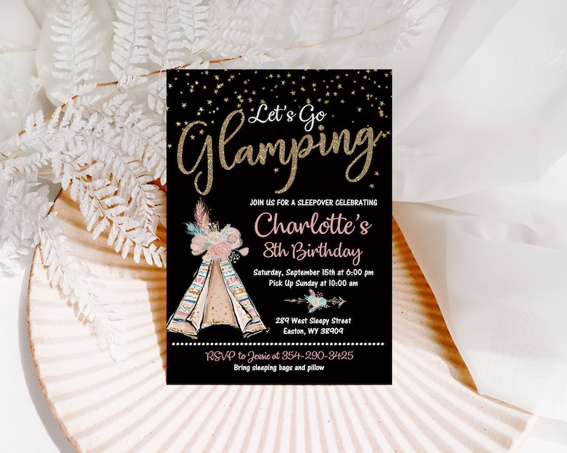 Glamping Sleepover Slumber Party Birthday Invitation, Girl, Teepee, Boho, Glamping, Gold, Teen, Tween, Invite, Digital or Printed image 1