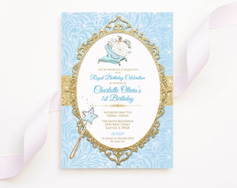 Cinderella Birthday Party Invitation, Cinderella, Birthday, Princess, Gold, Blue, Royal, Invitation, Invite, Digital or Printed