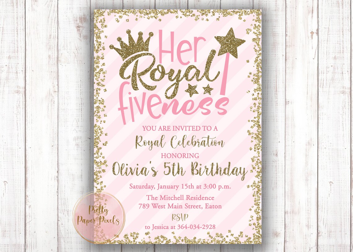 Fifth Birthday Invitation Her Royal Fiveness Princess | Etsy