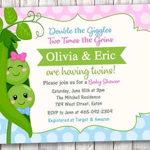 Invito "Two Peas In A Pod", Baby Shower per gemelli, Piselli, Piselli in un baccello, Gemelli, Bambino, Bambina, Invito per gemelli, Baby Shower, Digitale o stampato
