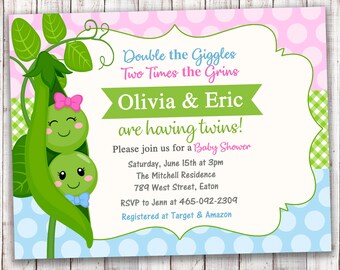 May include: A baby shower invitation with a green pea pod design. The invitation says "Double the Giggles Two Times the Grins Olivia & Eric are having twins!" and includes details about the shower, including the date, time, location, and RSVP information.