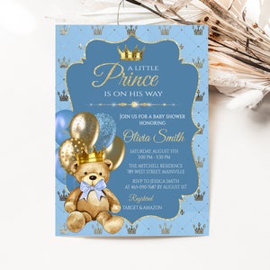 Little Bear Prince Baby Shower - Teddy Bear Shower - Bear Shower Invite - Baby Boy - Prince Royal Celebration - Digitale o Stampato