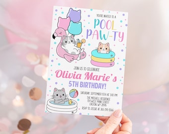 May include: A pink and blue invitation card with a cartoon cat on a pink flamingo pool float and another cat in a yellow and blue pool float. The text on the card reads "You're invited to a Pool Paw-ty. Join us to celebrate Olivia Marie's 5th Birthday! Saturday, September 15th at 3:00 PM. The Mitchell Residence, 154 West Main Street, Easton WY 28976. RSVP to Jessie at 265-290-3566."
