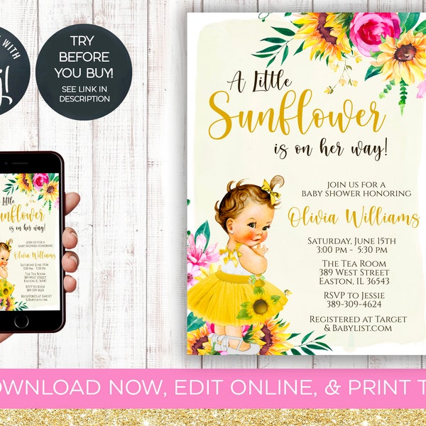 Sunflower Baby Shower Invitation, Sunflower, Flower, Pink, Yellow, Baby Doll, Girl, Baby Girl, Floral, Shower, Invite, Instant Download